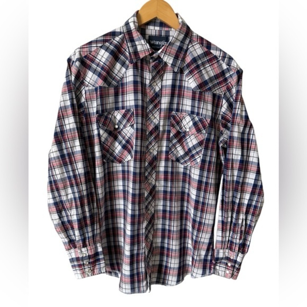 Wrangler Western Plaid Snap Front Shirt Men’s Medium Red Blue‎